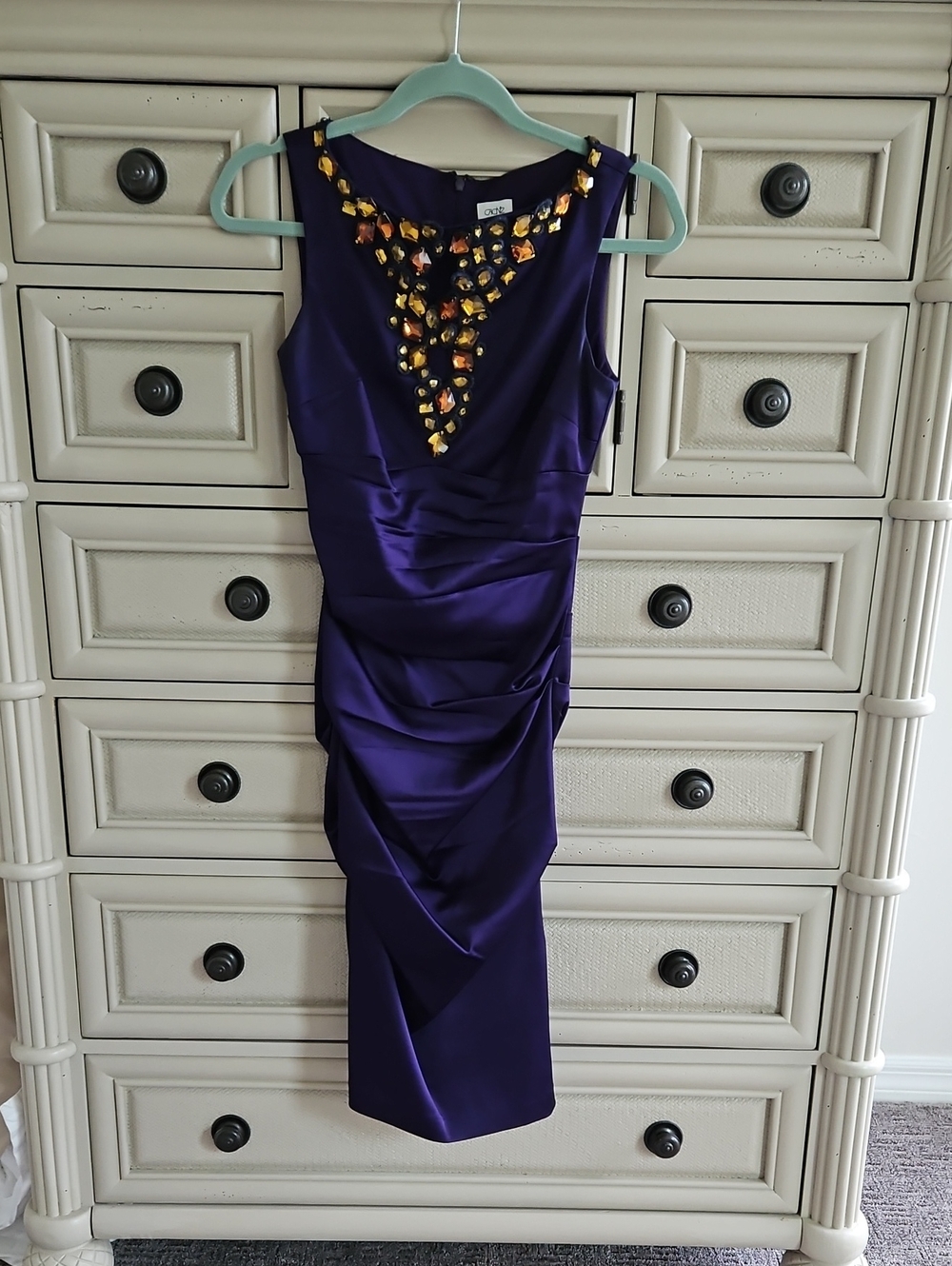 Cache Vintage Y2K Purple Jewel-Embellished Midi Sheath Dress